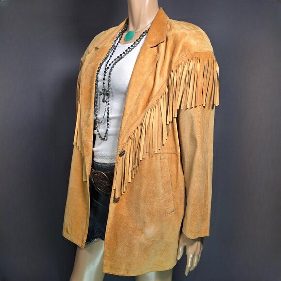 Vintage 90s Fringed Suede Jacket Size M Tan Brown Western Boho Hippie Festival - Picture 2 of 16